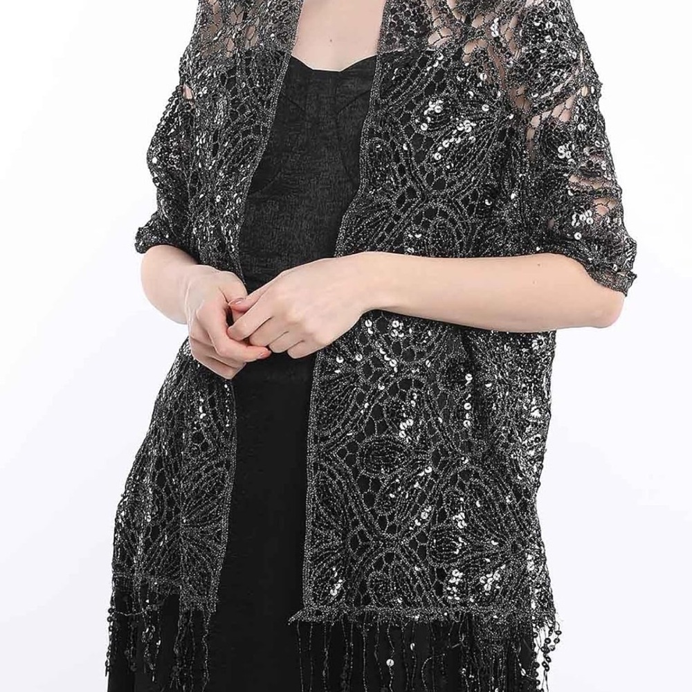 Black Lace Knit Shawl Scarf with Beaded Fringe - Picture 5 of 14